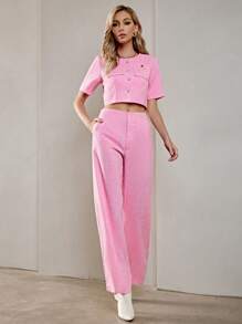 SHEIN Privé con parche de bolsillo Cazadora crop & Pantalones de pierna ancha - Rosa Pálido - Ver 1