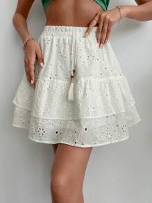 Cottnline Eyelet Embroidery Tassel Detail Layered Skirt - White - View 1