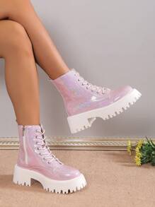 European Minimalist Chic Chunky Heeled Short Boots, Sparkling Pink Motorcycle Ankle Boots For Fall/Winter,Boots For Women - Pink - View 5