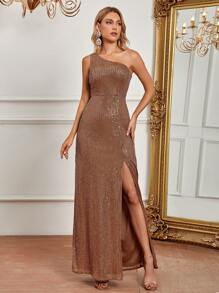 SHEIN Belle One Shoulder Split Thigh Sequin Formal Dress - Champagne - View 7