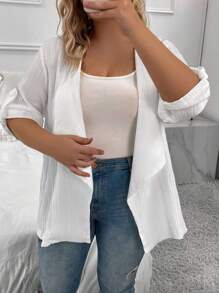 SHEIN LUNE Hơn Cổ áo thác nước Tay áo cuộn Mở Mặt trước áo - trắng - Xem 3