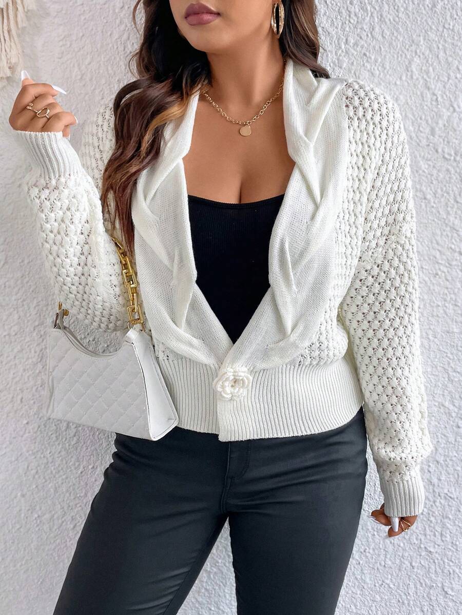 Celure 大碼落肩袖網眼針織開襟衫 - 白色 - 查看 1