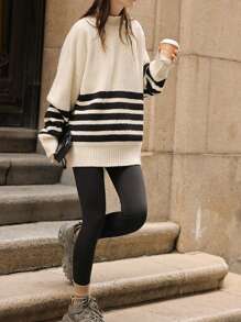 Striped Pattern Drop Shoulder Mock Neck Sweater - Beige - View 4