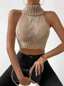 Chiquease Turtleneck Cable Knit Crop Knit Top - Khaki - View 5