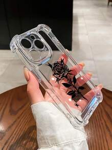 Mystic heart Artist 1pc High-Definition Transparent Soft Phone Case, Black Rose Pattern Print, Shockproof Four-Corner Full Coverage, Holiday - Multicolor - View 2