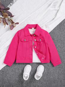 SHEIN Young Girl Slogan & Floral Print Denim Jacket - Rose Red - View 2