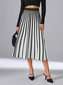 SHEIN Privé Striped Print High Waist Skirt - Black and White - View 1
