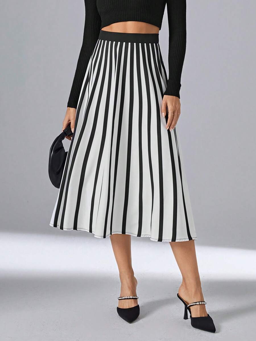 SHEIN Privé Striped Print High Waist Skirt - Black and White - View 1
