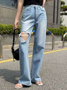 DAZY Ripped Straight Leg Jeans - Blue - View 3