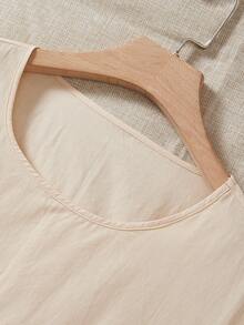 SHEIN LUNE Solid Puff Sleeve A-line Dress - Apricot - View 4