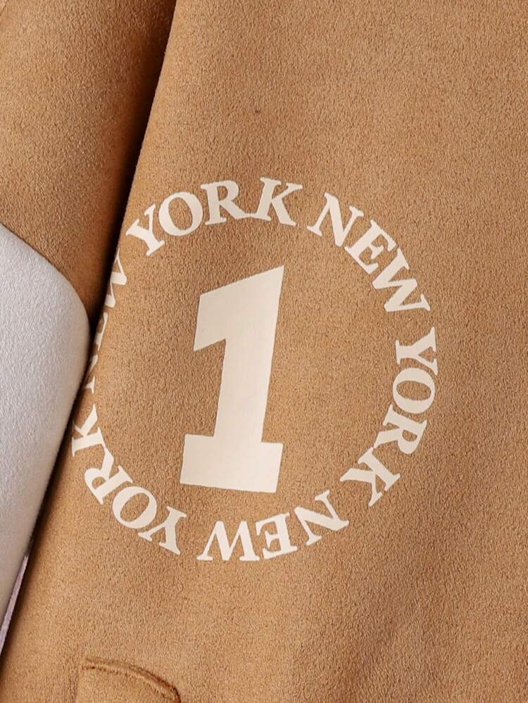 1個 ティーンガール 文字グラフィック ストライプトリム ドロップショルダー バーシティジャケット