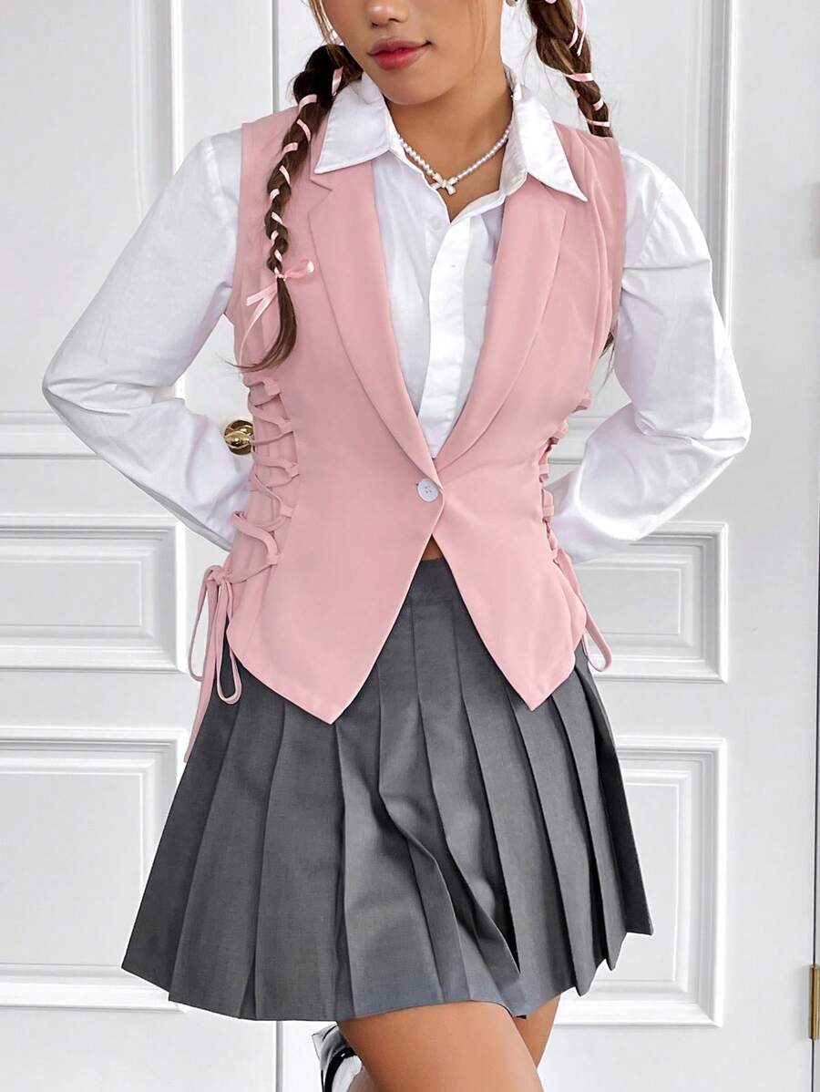 SHEIN EZwear 1pc Lace Up Side Single Button Vest Blazer - Pink - View 1