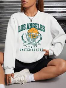 EURMUSE Basketball & Letter Graphic Drop Shoulder Sweatshirt - White - View 1