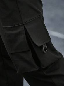 Manfinity Homme Men Flap Pocket Drawstring Waist Cargo Pants - Black - View 4