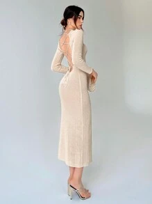 SHEIN Essnce 素色條紋針織露背繫帶毛衣洋裝 - 杏色 - 查看 4