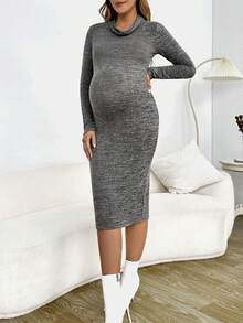 SHEIN 孕婦堆堆領雜色針織緊身洋裝 - 深灰色 - 查看 4