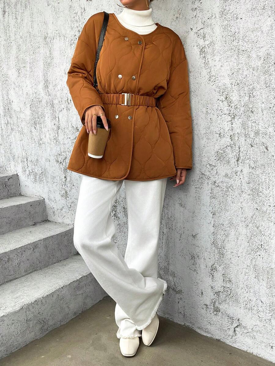 SHEIN Essnce Drop Shoulder Double Breasted Belted Quilted Coat - Apricot - View 1