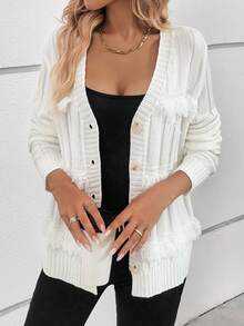 SHEIN Essnce Viền rìa Nút phía trước Áo len Mở - trắng - Xem 4