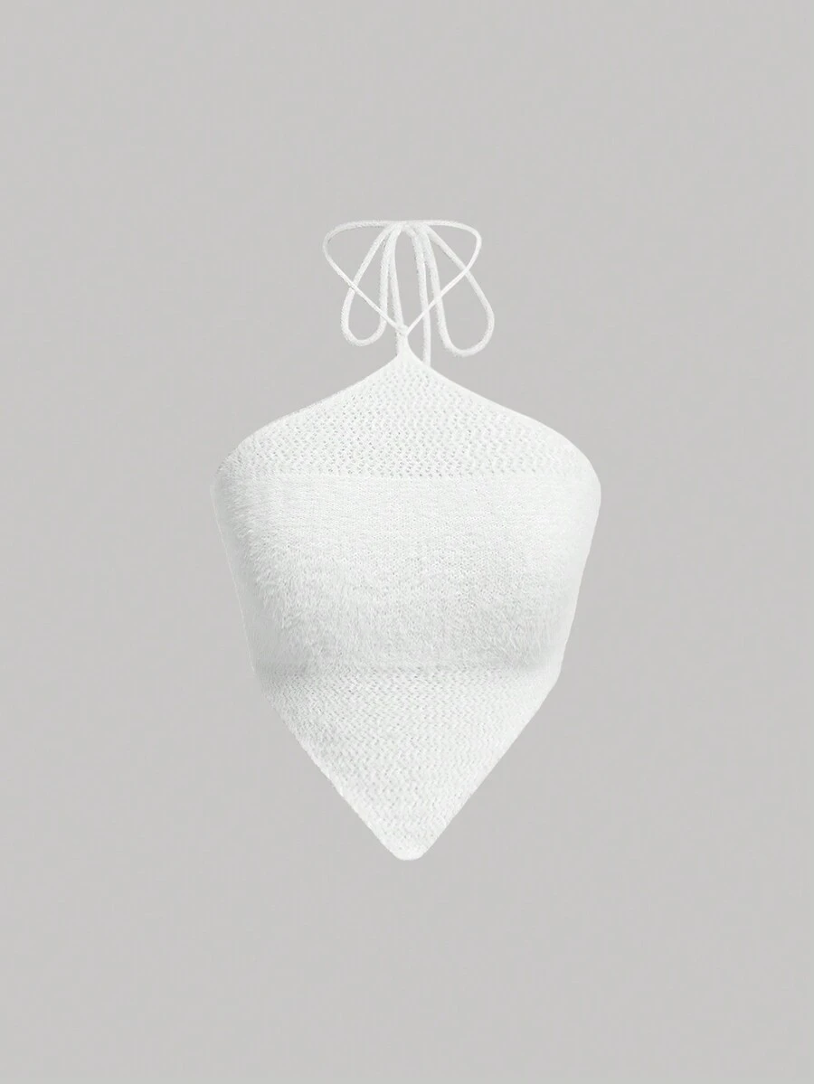 SHEIN MOD 後背繫帶吊脖針織上衣 - 白色 - 查看 1