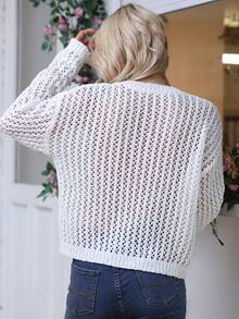 素色落肩袖網眼針織套頭毛衣 - 白色 - 查看 2