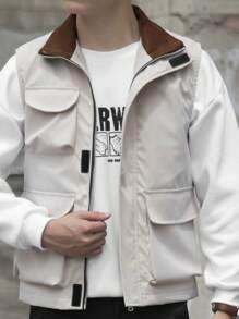 Manfinity Hypemode Men 1pc Flap Pocket Vest Coat - Khaki - View 4