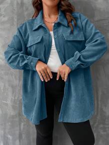 SHEIN LUNE Hơn Túi có nắp Thả vai Áo khoác vải nhung - Màu xanh bụi bặm - Xem 3