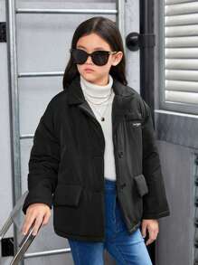 SHEIN Tween Girl Letter Patched Detail Drop Shoulder Belted Padded Coat