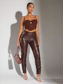 SHEIN BAE 褶飾 PU 皮革疊層長褲 - 咖啡棕 - 查看 4