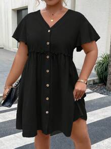 Vionelle Plus Button Front Frill Trim Dress - Black - View 5
