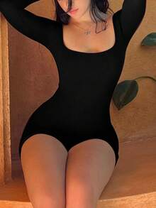 Mono unitard unicolor de cuello cuadrado - Negro - Ver 3