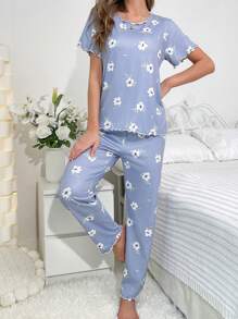 Floral Print Lettuce Trim PJ Set / Pajama Set Lounge Wear Setpajamas Set For Womanblue Pajama Set - Blue - View 5