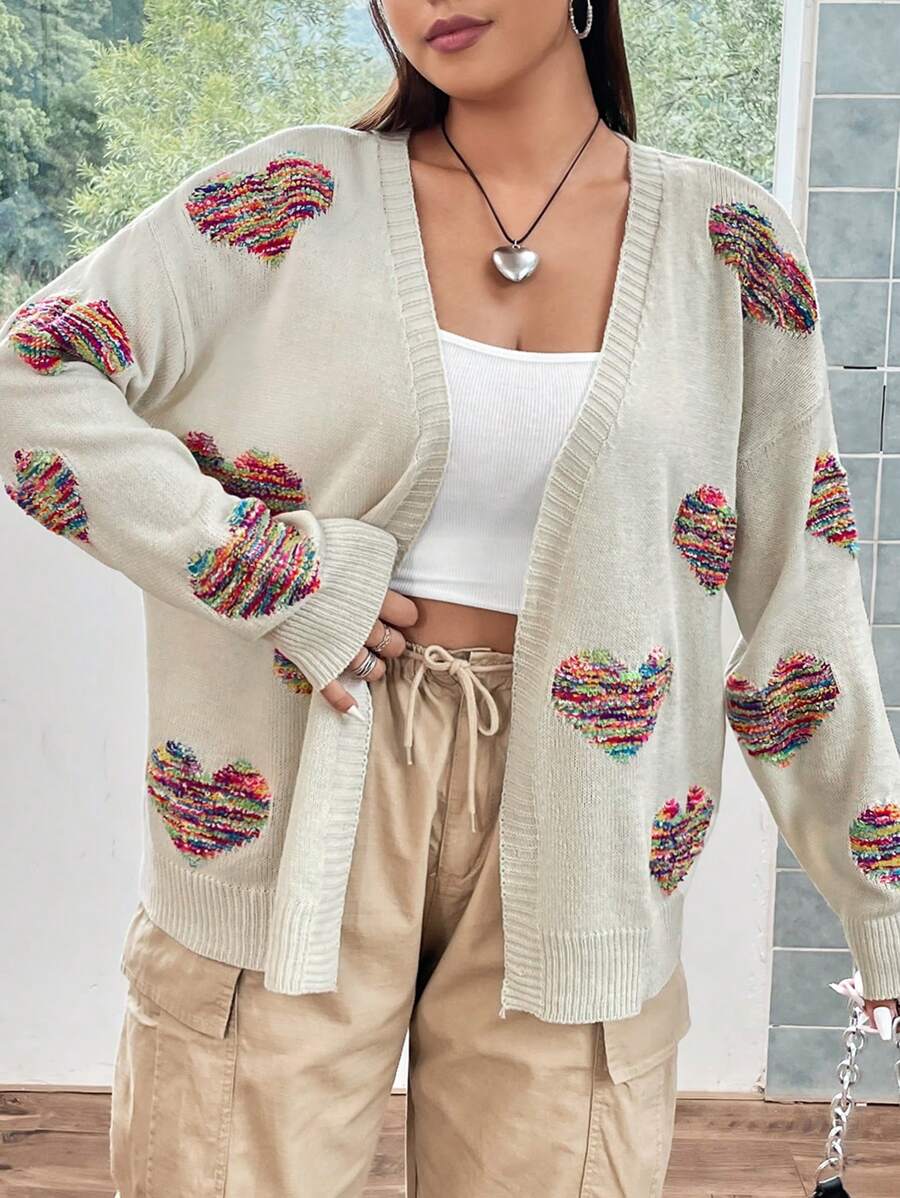 Flirla Hơn Thuốc nhuộm Không gian Hình trái tim Thả vai Áo len Duster - Màu be - Xem 1