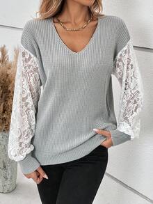 SHEIN LUNE Ren tương phản Tay áo lồng đèn Cổ v Áo len - Xám - Xem 3