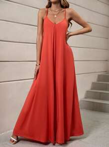 SHEIN LUNE Combinaison Ample À Fines Brides Unicolore - Orange - Voir 1