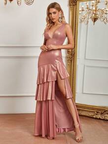 SHEIN Belle Plunging Neck Layer Hem Dress - Pink - View 1