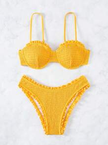 SHEIN Swim Frill Trim Underwire Bikini Set - Yellow - View 4