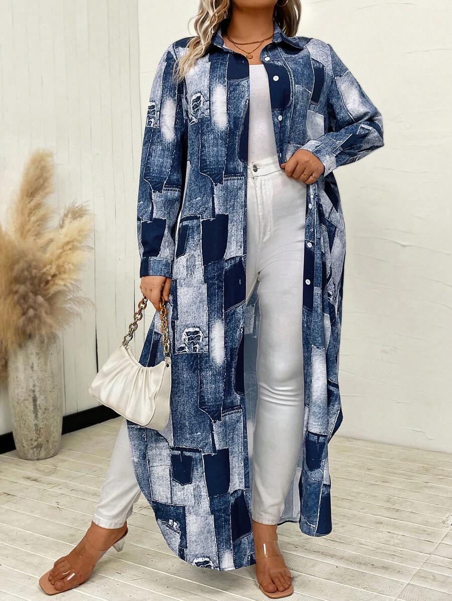 SHEIN LUNE Hơn In chắp vá Curved Hem Váy sơ mi - Màu xanh lam - Xem 1