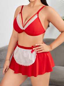 Plus Lace Trim Maid Costume Set - Red - View 4