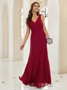 SHEIN Belle Burgundy Red Draped Backless Chiffon Bridesmaid Dress - Burgundy - View 7