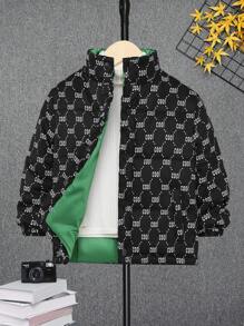 SHEIN Young Boy 1pc Allover Letter Graphic Padded Coat - Black - View 1