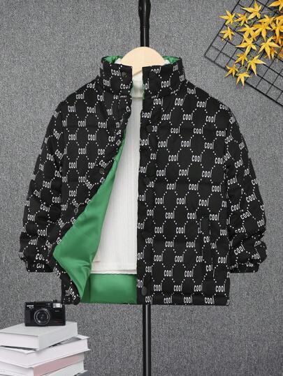 SHEIN Young Boy 1pc Allover Letter Graphic Padded Coat