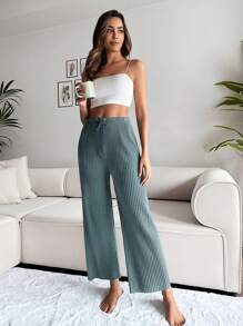 RueChic Pantalones de dormir de cintura con nudo tejido de canalé - Verde Oscuro - Ver 5