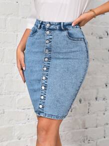 SHEIN LUNE Falda en mezclilla con botón delantero ajustado - Lavado ligero - Ver 3