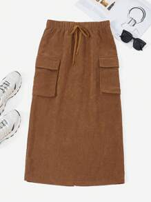 SHEIN EZwear 棕色梭織燈芯絨半身裙 - 棕色 - 查看 1