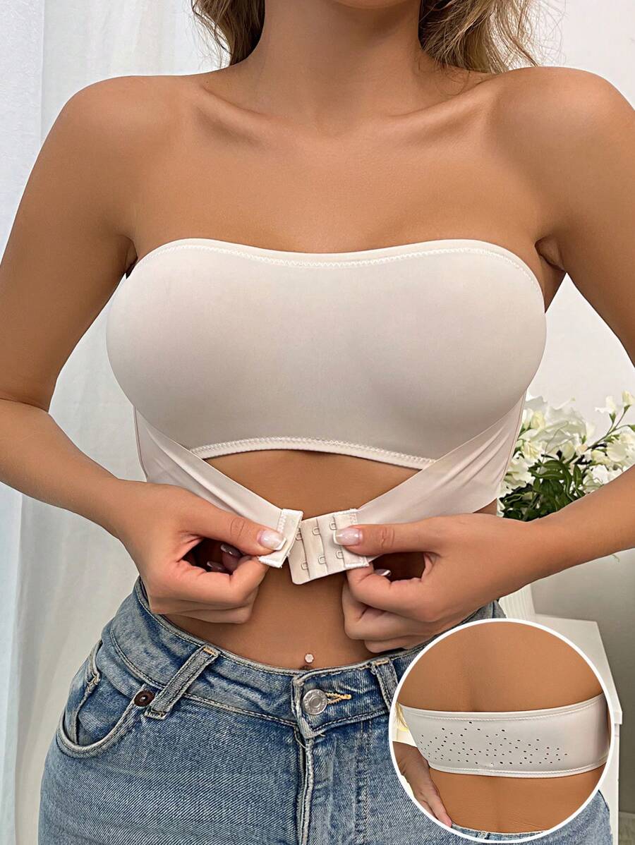 Solid Hook And Eye Wireless Bra - Beige - View 1