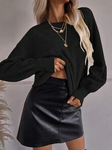 SHEIN Frenchy 素色落肩袖套頭毛衣 - 黑色 - 查看 7