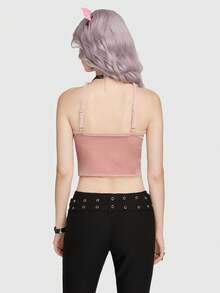 ROMWE Goth Solid Zip Up Velvet Cami Top - Pink - View 3