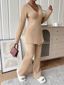 SHEIN LUNE Surplice Neck Sweater & Knit Pants - Apricot - View 6