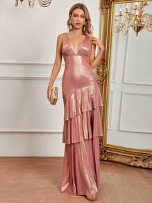 SHEIN Belle Plunging Neck Layer Hem Dress - Pink - View 7