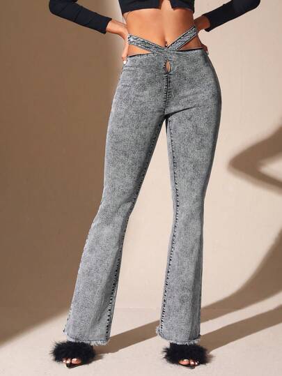 SHEIN BAE Cut Out Waist Flare Leg Jeans